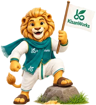KisanWorks lion mascot holding a KisanWorks flag