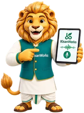 KisanWorks lion mascot pointing at the KisanWorks voice app on a phone